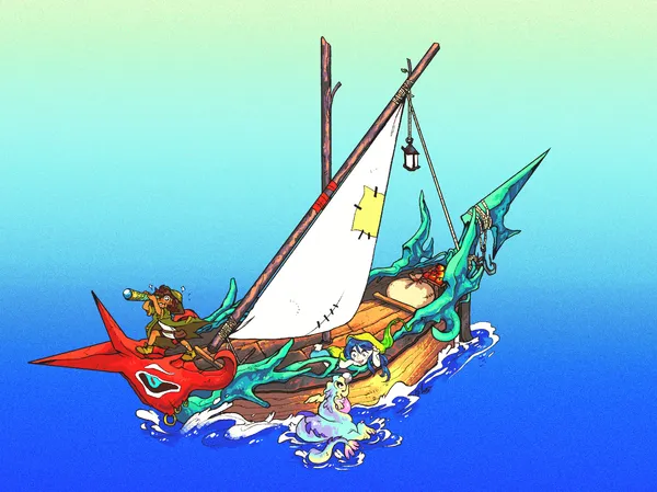 Two humanoids in a large boat sail on blue waters. One of the characters is dressed in a long green cape and clutches a spy-glass at the helm of the boat, their feet standing on the large red figurehead. The other has blue hair and a pale seaweed cape and is conversing with a blue-yellow Monster emerging from the sea beside the boat.